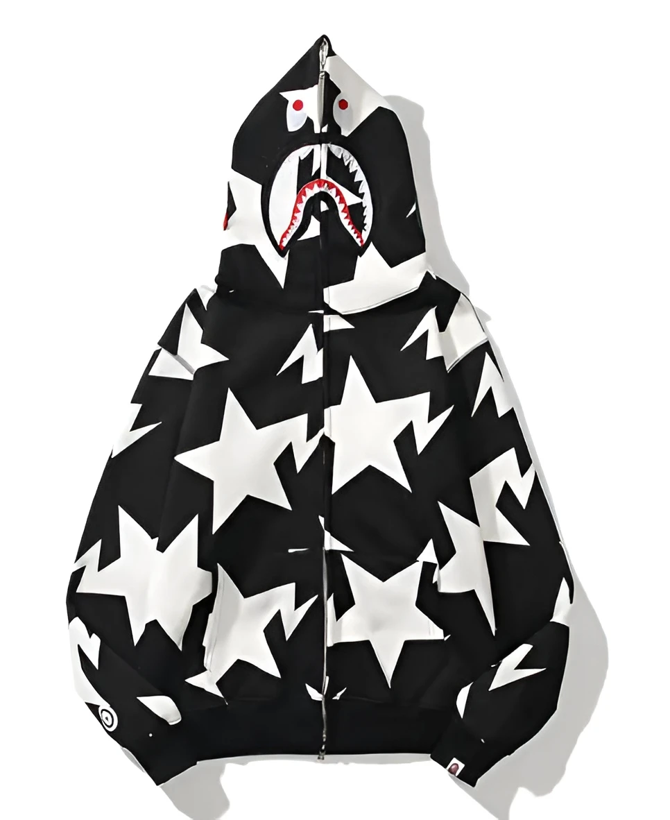 bape shark black white star hoodie zip up streetwear
