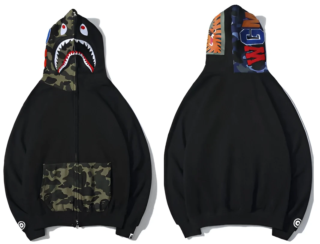 A Bathing Ape Bape shark black zip up hoodie camo pocket fleece streetwear hoodie
