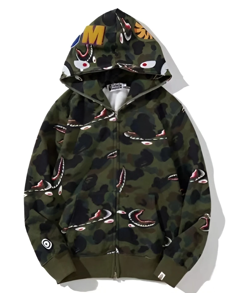 BAPE shark camo hoodie green zip up streetwear hoodie