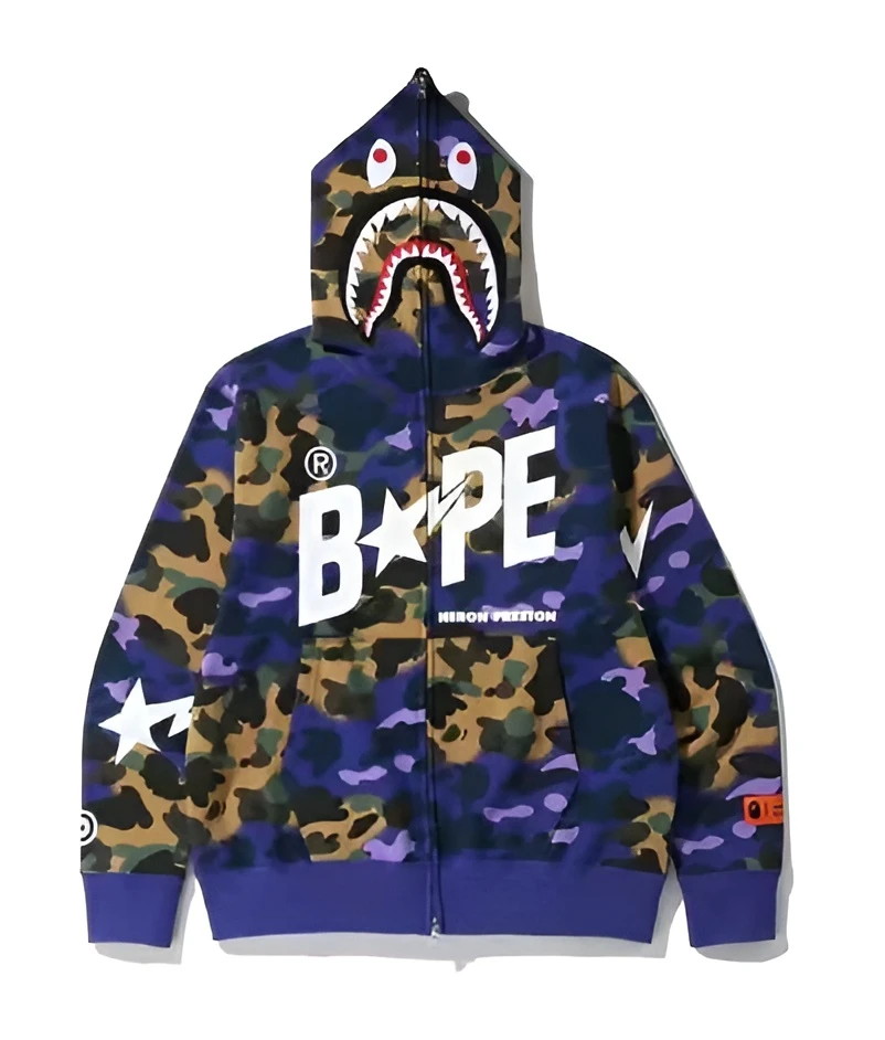 Bape shark hooded jacket blue purple camouflage zip up streetwear fleece hoodie for men and women