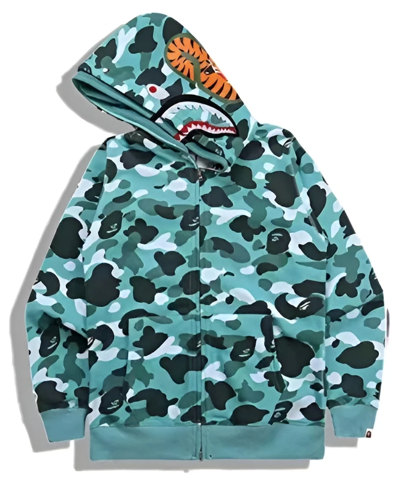BAPE Shark Hoodie Green Camouflage Full Zip Streetwear Front View