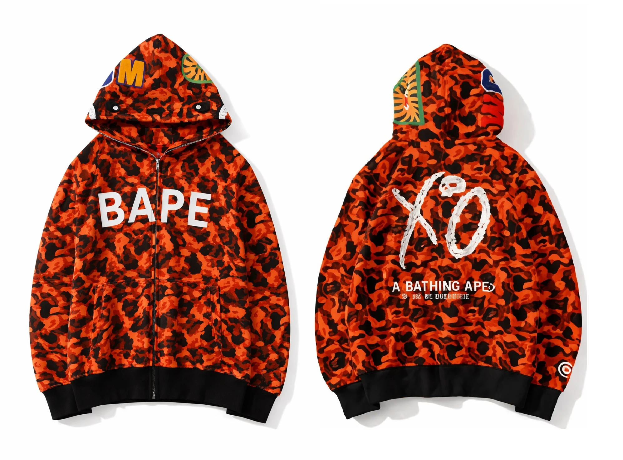 Bape XO Orange And Black Camo Hoodie Full Zip Front View