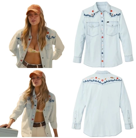 Baywatch 2027 Jessica Belkin wearing a light blue embroidered denim shirt