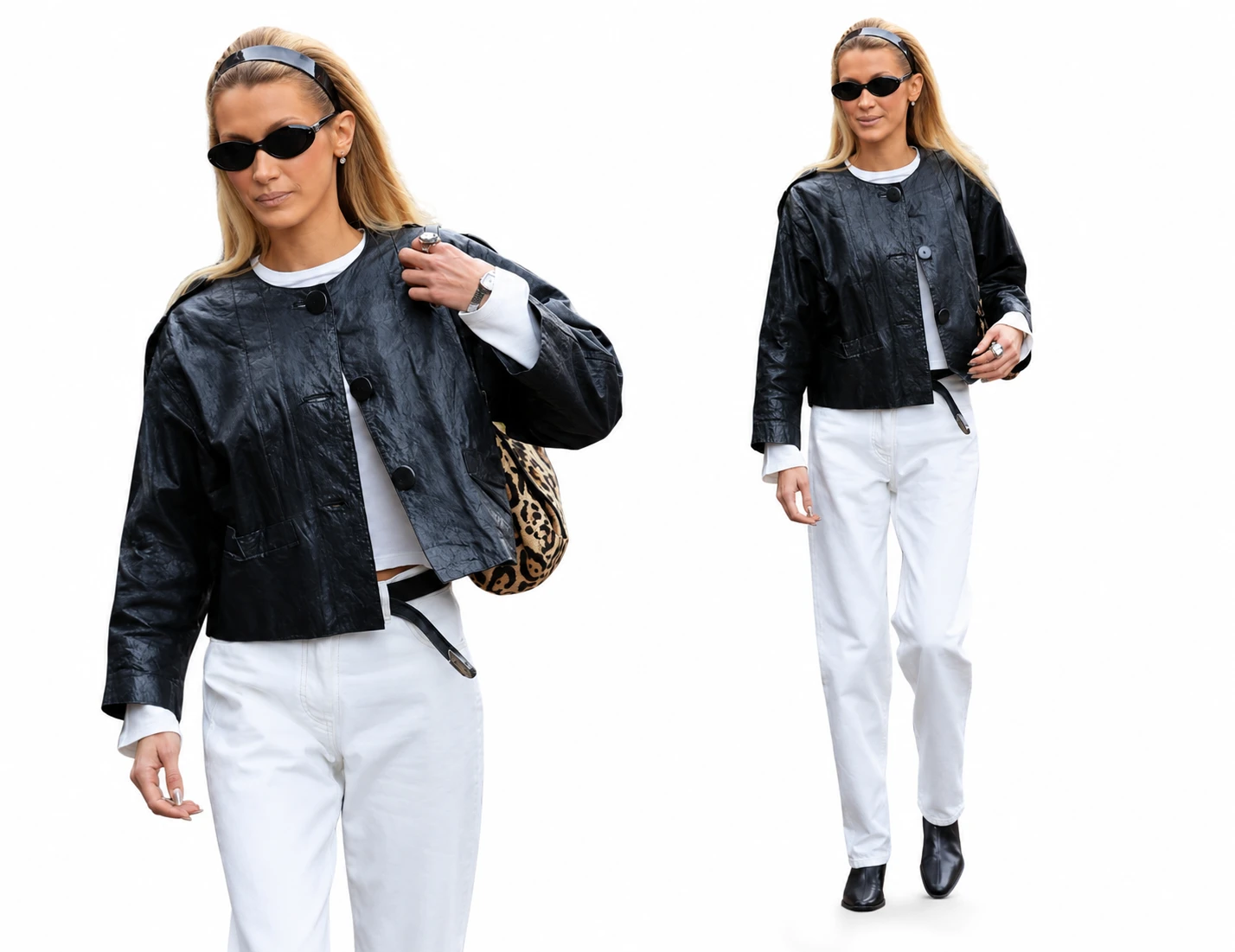 Bella Hadid Wearing Black Cropped Leather Jacket