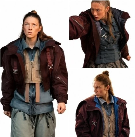 Hunter Schafer wearing the Blade Runner 2099 burgundy jacket