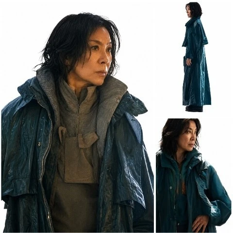 Michelle Yeoh wearing teal blue coat in Blade Runner 2099