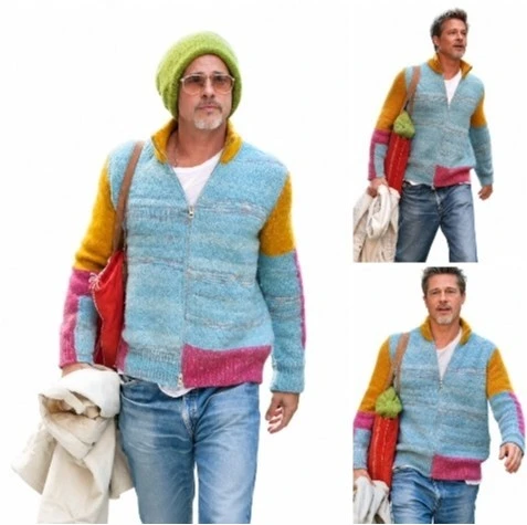 Brad Pitt Wearing Multicolor Knitted Zip Up Cardigan