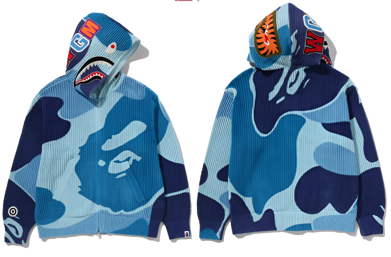 Bape Camo Crochet Shark Hoodie Front View Blue Camo Shark Face Hoodie