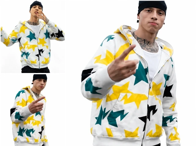 Central Cee White Star Print Zip Up Hoodie Front View