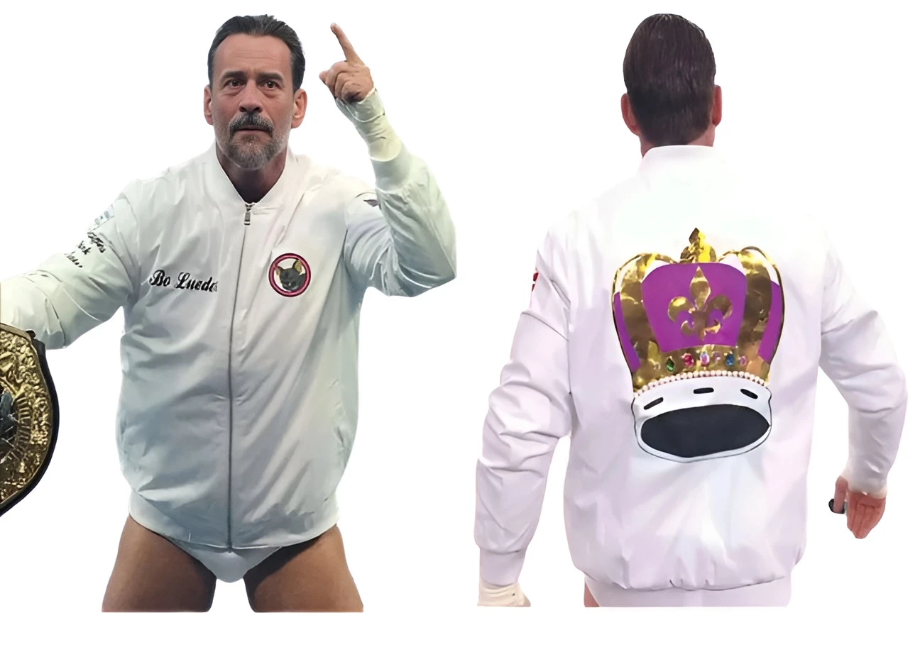 CM Punk wearing white jacket WrestleMania 42 wrestling outfit front view