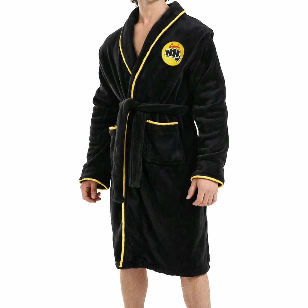 Cobra Kai Karate Kid Black Bathrobe Cobra Kai Robe, Cobra Kai Black Bathrobe, Karate Kid Robe, Cobra Kai Costume, Johnny Lawrence Outfit, Cobra Kai Cosplay, Karate Kid Merchandise, Cobra Kai Apparel, Cobra Kai Halloween Costume, Cobra Kai Fleece Robe, Martial Arts Robe, Black Bathrobe With Yellow Trim, Cobra Kai Logo Robe, Karate Kid Inspired Outfit, Cobra Kai Fan Wear