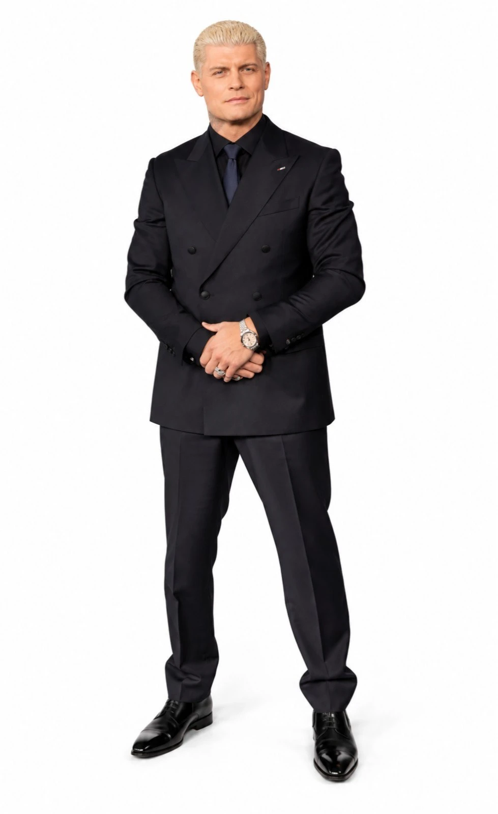 Cody Rhodes Street Fighter Premiere Black 2-Piece Suit Cody Rhodes wearing a black double-breasted suit at the Street Fighter Premiere