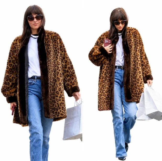 Dakota Johnson Brown Leopard Print Faux Fur Coat Street Style