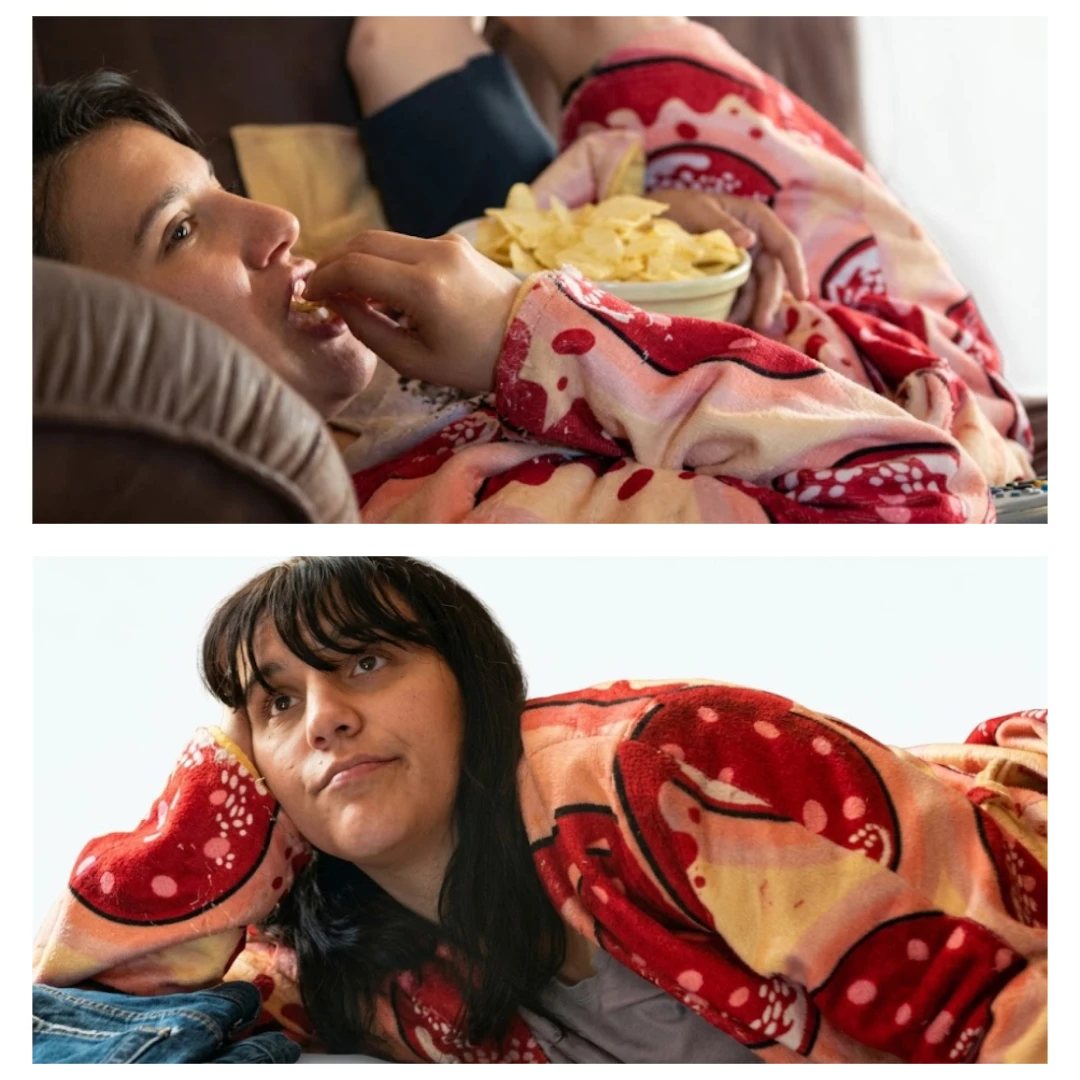 Dakota Ray Hebert Run Woman Run Printed Fleece Bathrobe Dakota Ray Hebert wearing Run Woman Run multicolor printed fleece bathrobe