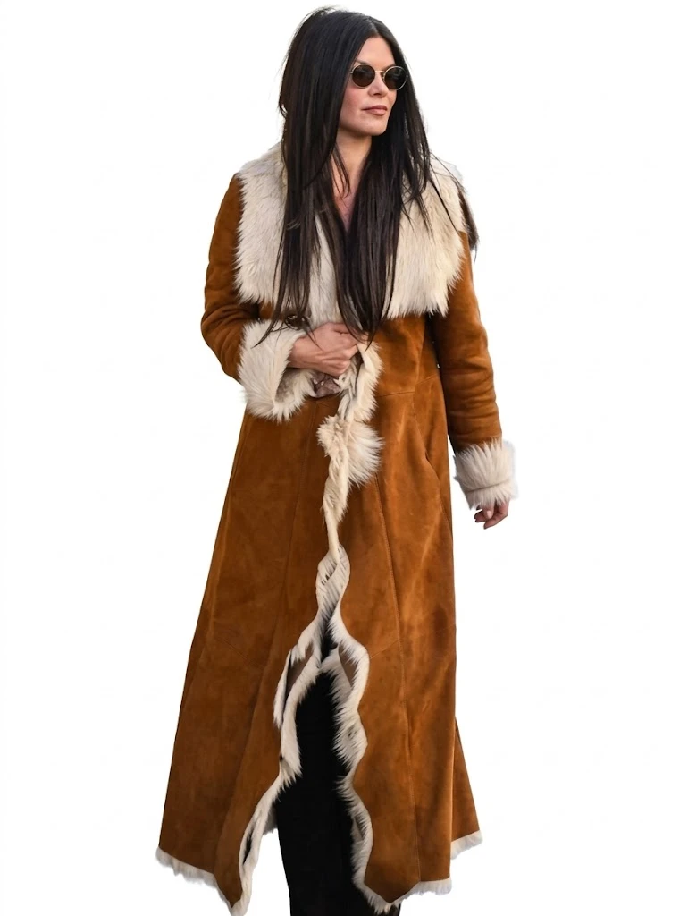 Danielle Vasinova NYC brown suede coat with fur trim long winter coat for women