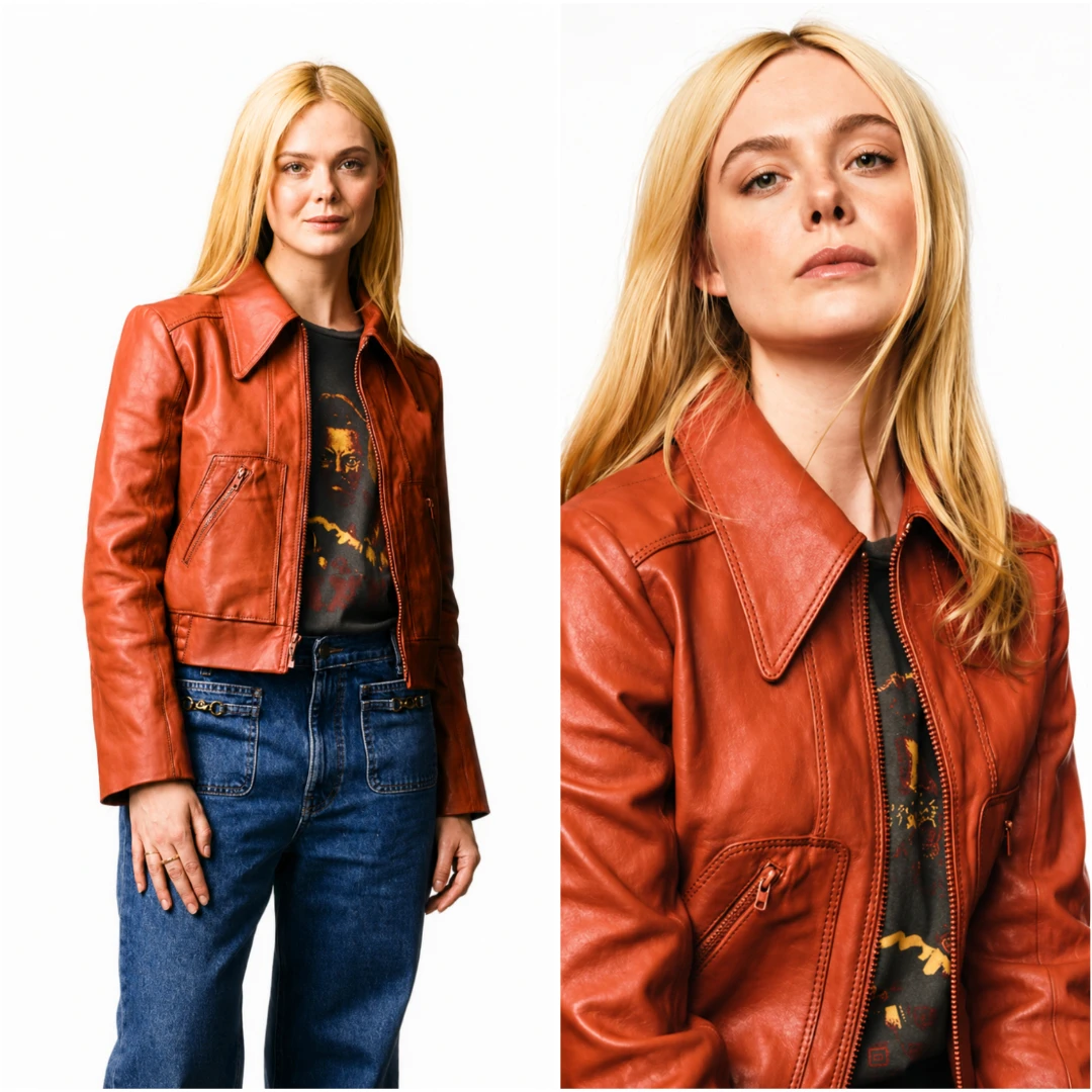 Elle Fanning wearing rust leather jacket in Margo's Got Money Troubles 2026 TV series