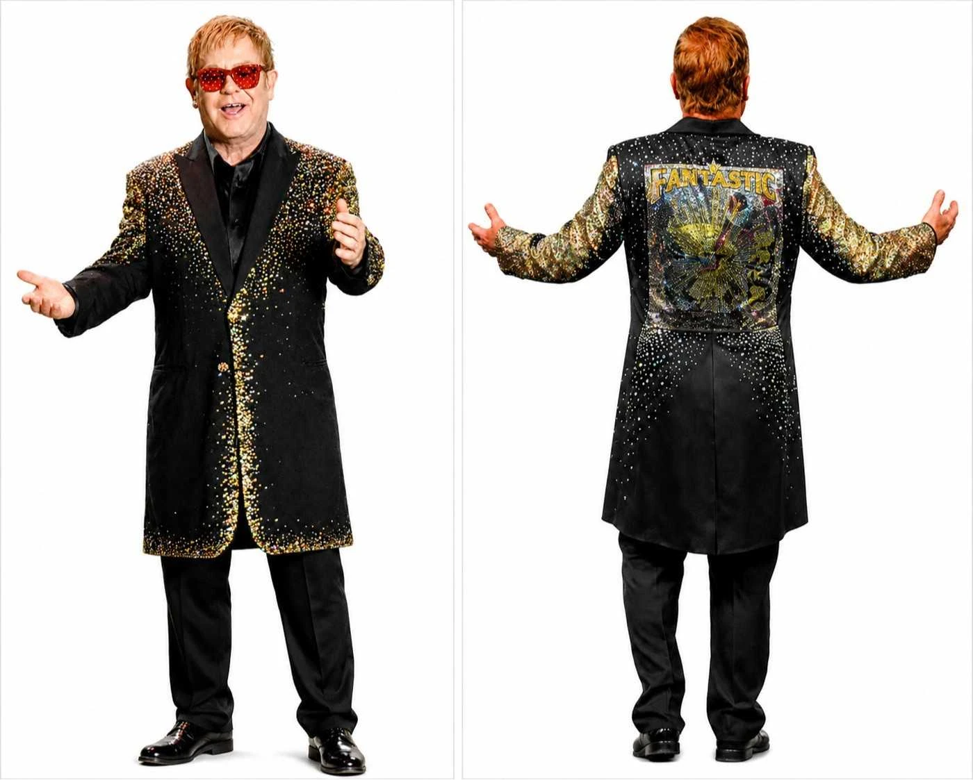 Elton John Captain Fantastic Black Rhinestone Suit Front and Back View