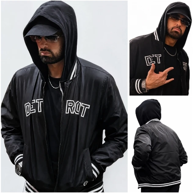 Eminem Inspired Detroit Black Hooded Bomber Jacket