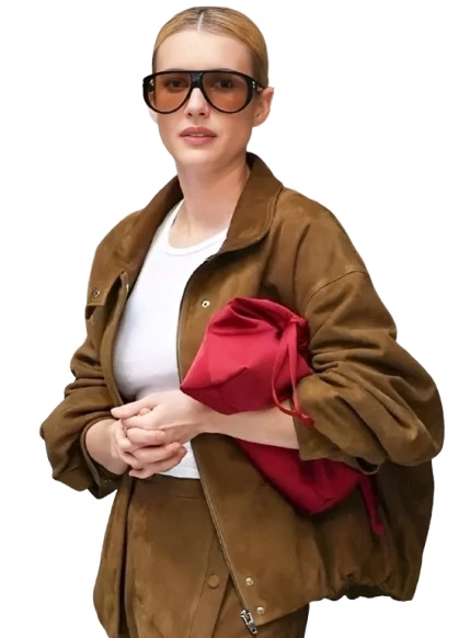 Emma Roberts wearing a premium brown suede leather jacket with a chic oversized fit and spread collar against a clean white background.