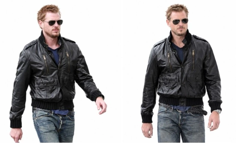 Eric Dane wearing a black leather bomber jacket