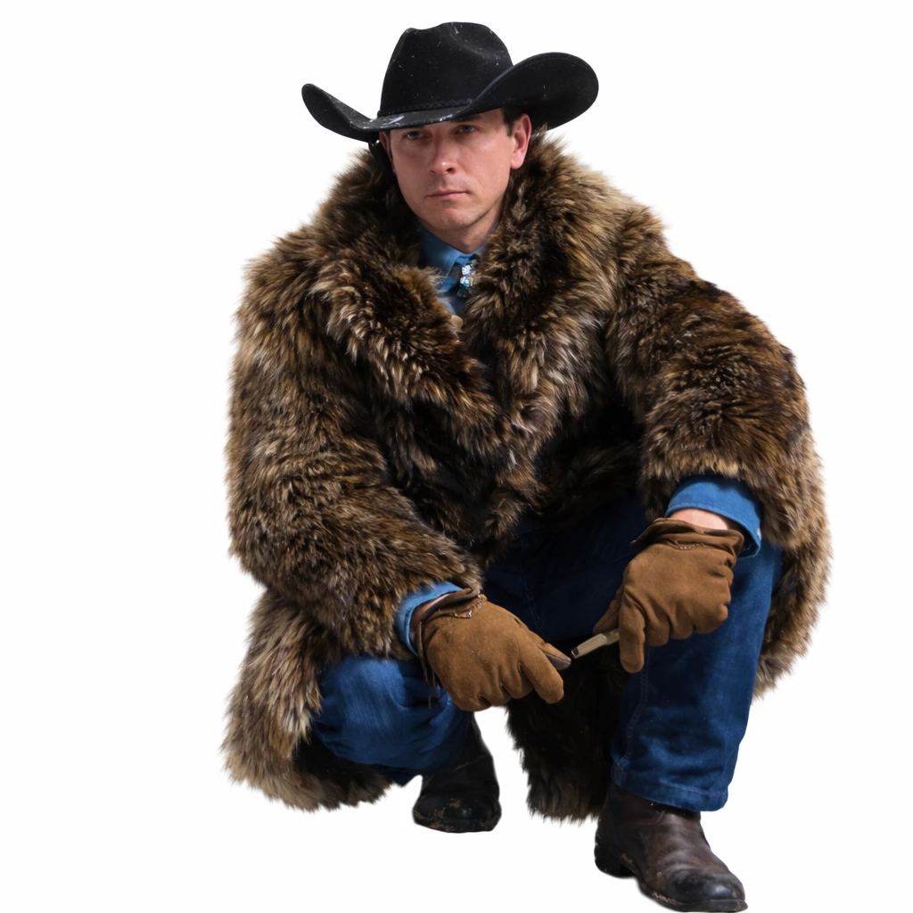 Eric Nelsen Coat, The Yeti Fur Coat, Brown Fur Long Coat, Western Fur Coat, Cowboy Winter Coat, Faux Fur Coat Men, The Yeti Outfit, Movie Inspired Coat, Winter Statement Coat, Ranch Style Coat, Frontier Fashion Coat, Vintage Western Fur