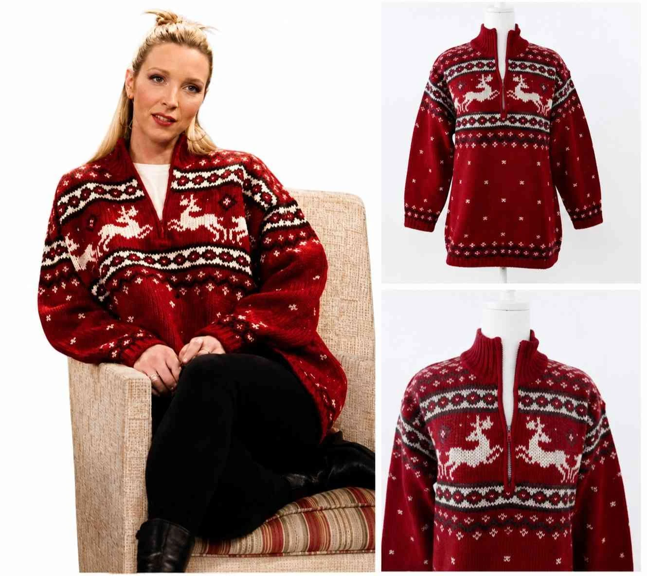 Lisa Kudrow as Phoebe Buffay wearing red reindeer sweater in Friends