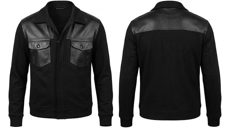 Front and back views of the black panel jacket inspired by Samuel L. Jackson’s Frisco King look