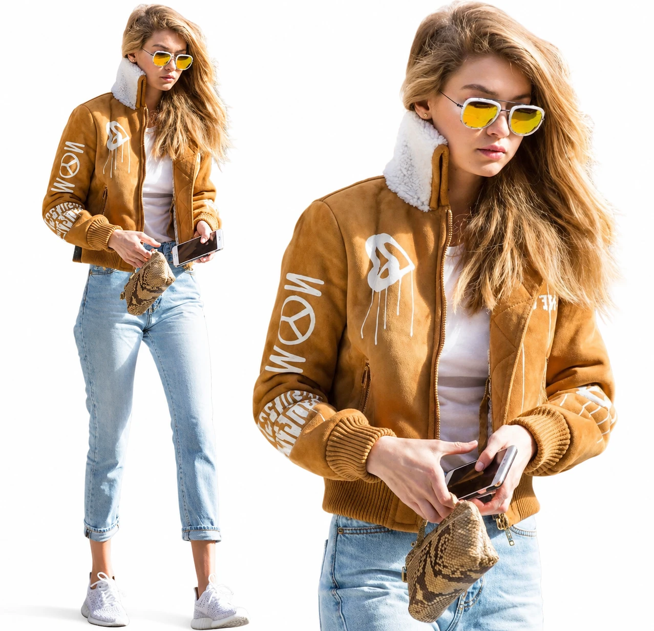 Gigi Hadid Brown Shearling Suede Bomber Jacket Front View