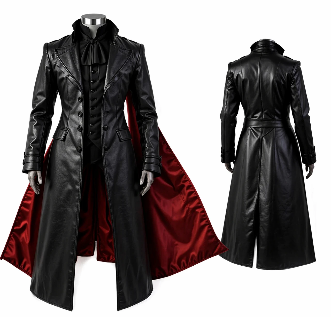 Gothic Vampire Leather Trench Coat black long coat with red lining Halloween steampunk outfit America Suits