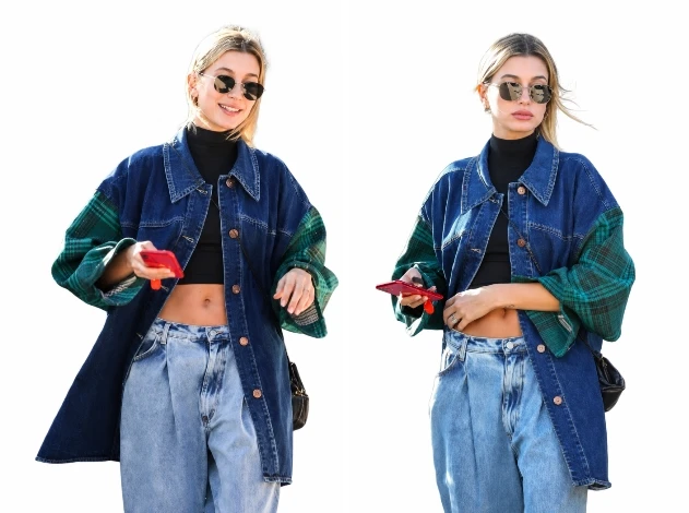 Hailey Bieber Blue Oversized Denim Jacket With Plaid Sleeves