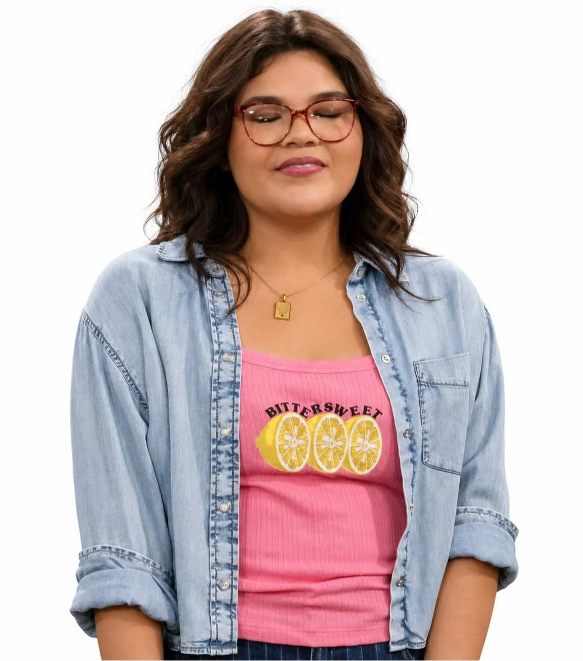 Belissa Escobedo Happy’s Place Season 3 Blue Denim Shirt Jacket Belissa Escobedo wearing a light blue denim shirt jacket in Happy’s Place Season 3