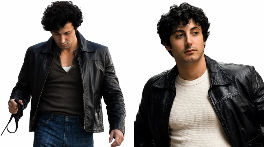 I Play Rocky 2026 Anthony Ippolito Black Leather Jacket Anthony Ippolito wearing the Black Leather Jacket in I Play Rocky (2026)