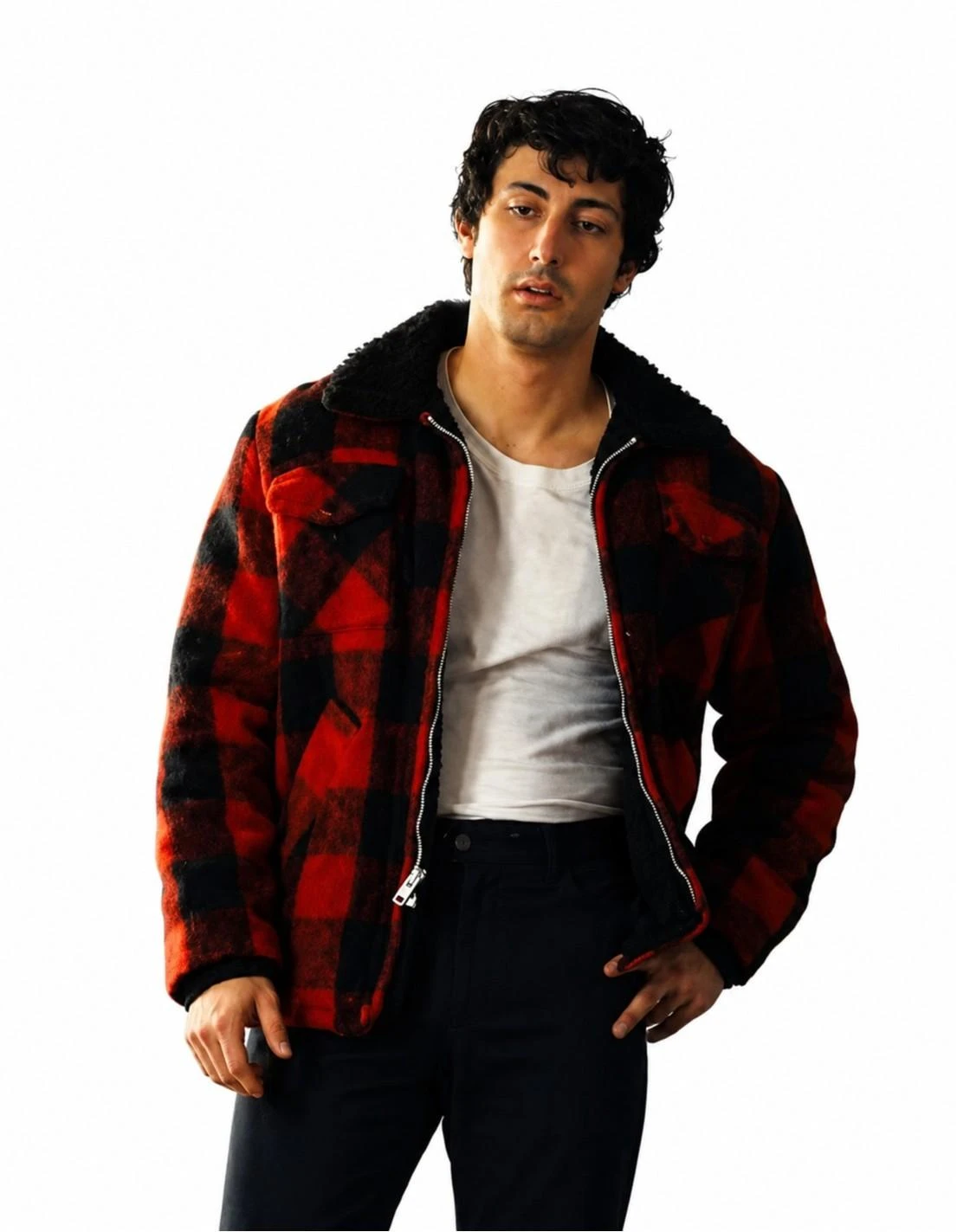 I Play Rocky 2026 Anthony Ippolito Red Plaid Shearling Jacket Anthony Ippolito wearing the Red Plaid Shearling Jacket in I Play Rocky (2026)