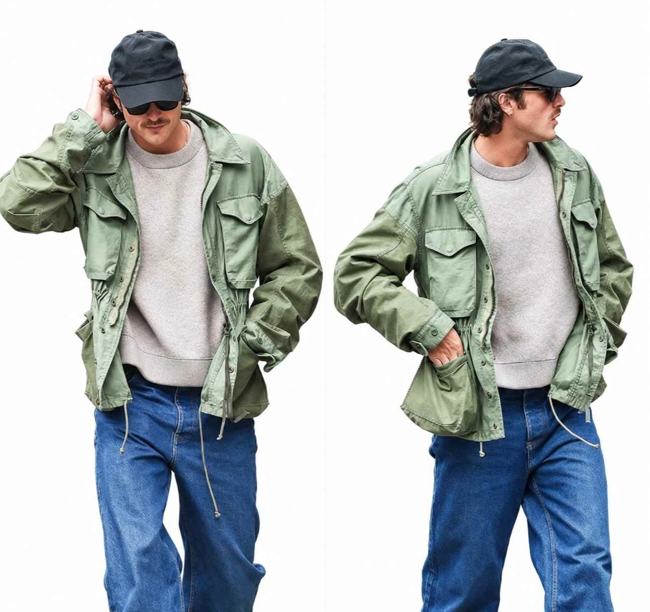 Jacob Elordi olive green cotton field jacket with flap pockets and drawstring waist