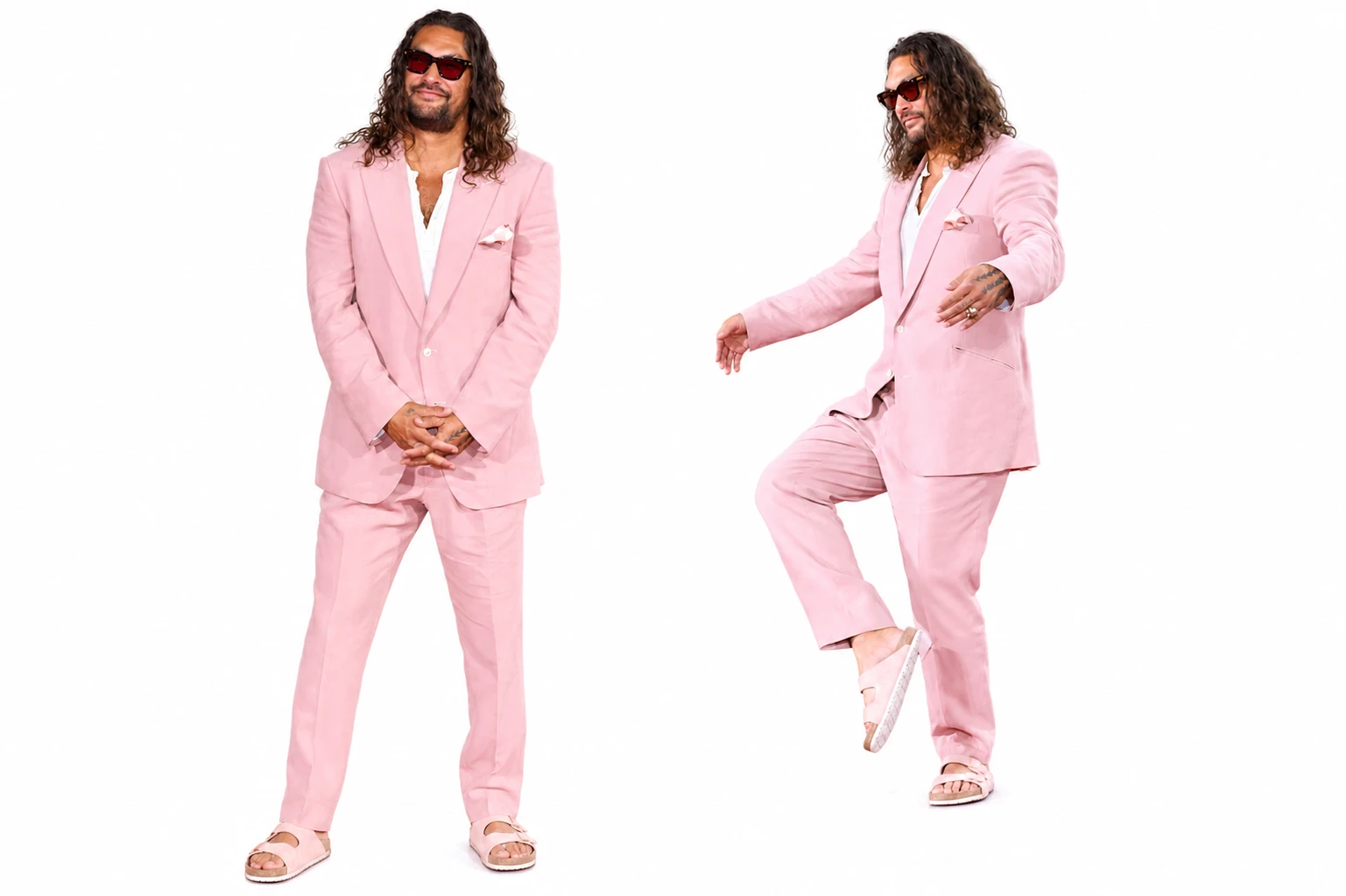 Jason Momoa Wearing Light Pink 2 Piece Suit