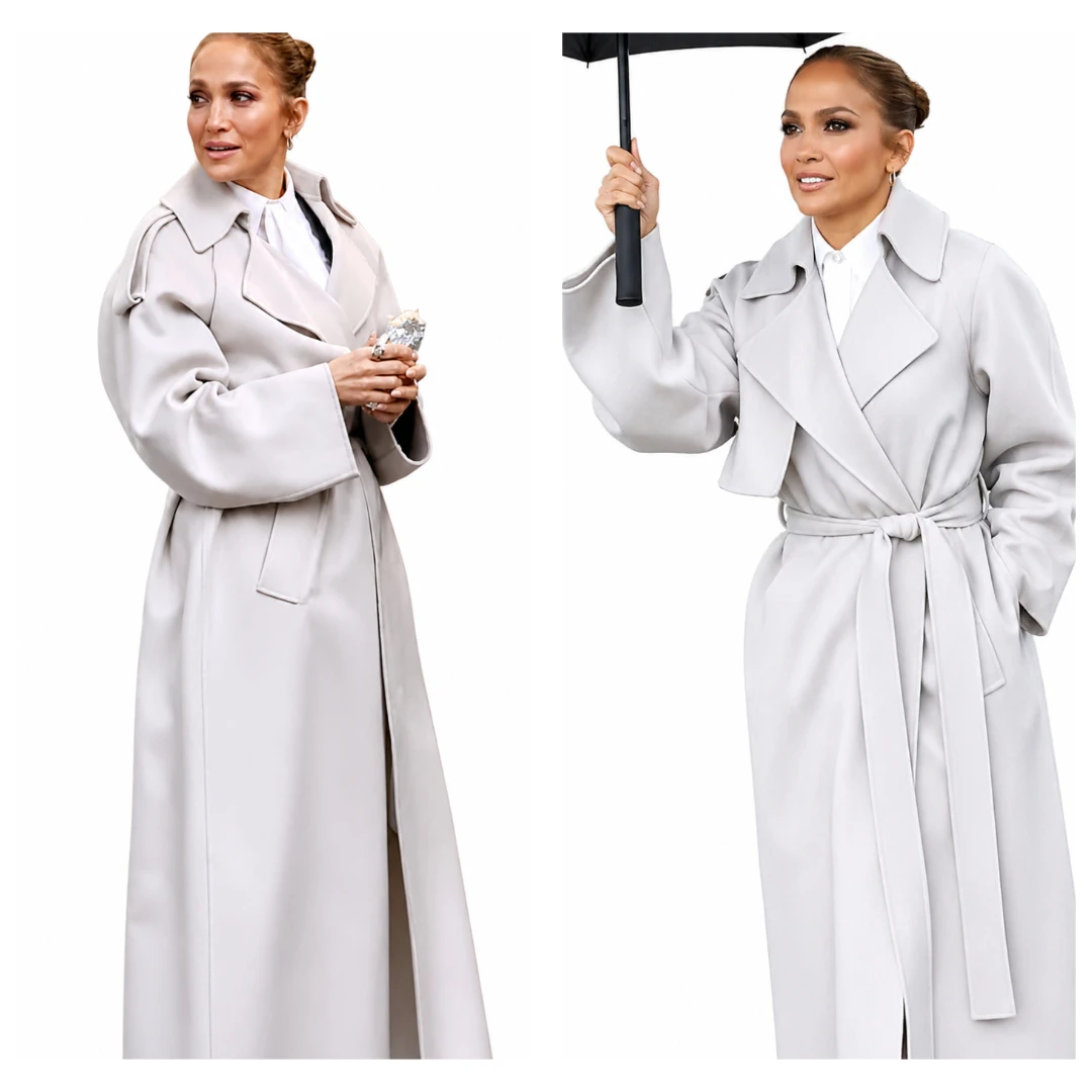 Jennifer Lopez Grey Trench Coat Office Romance 2026 Close Up