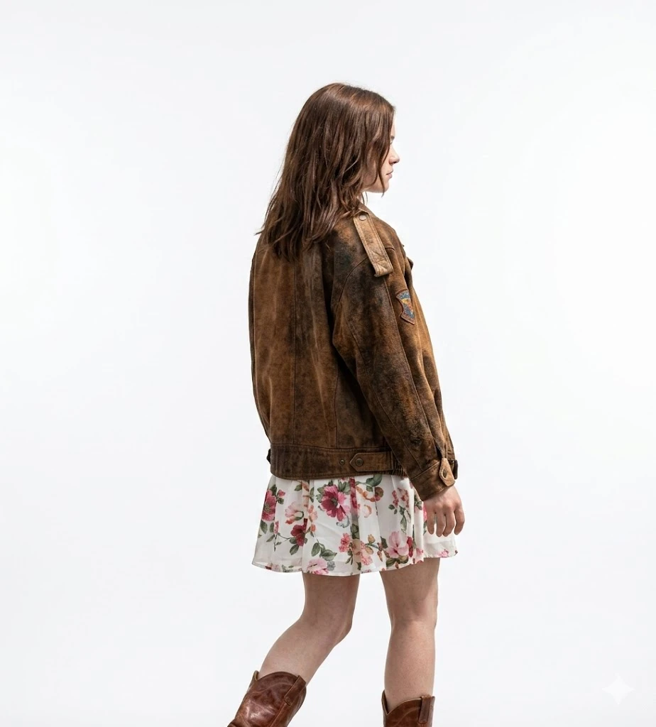 Jessica Pare wearing brown leather jacket in The Bearded Girl movie