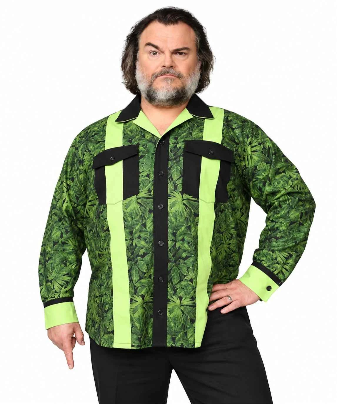 Jack Black Jumanji Open World 2026 Green Printed Shirt Jack Black wearing a green printed shirt inspired by Jumanji Open World 2026