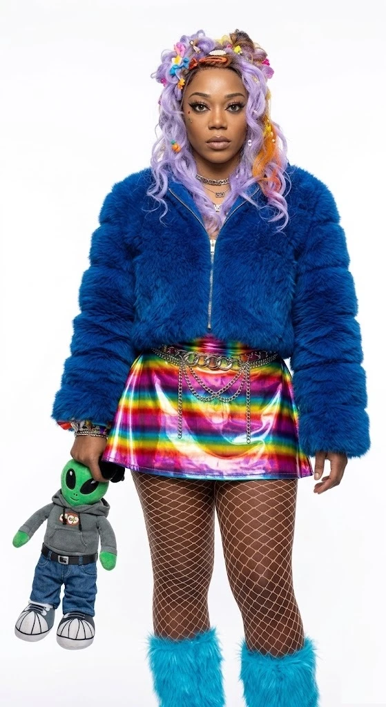 Keke Palmer I Love Boosters 2026 Blue Faux Fur Jacket Front View