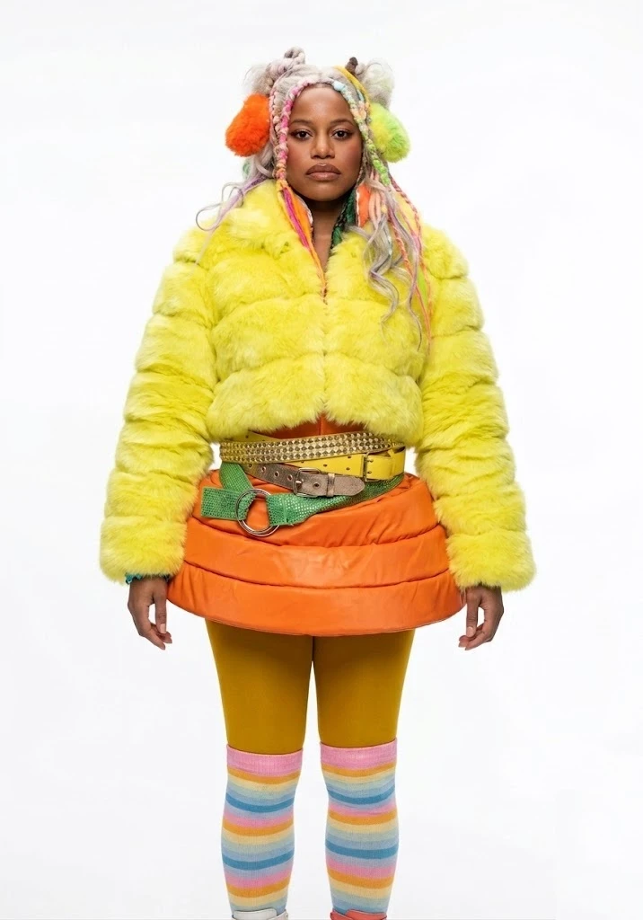 Keke Palmer I Love Boosters 2026 Yellow Faux Fur Jacket Front View