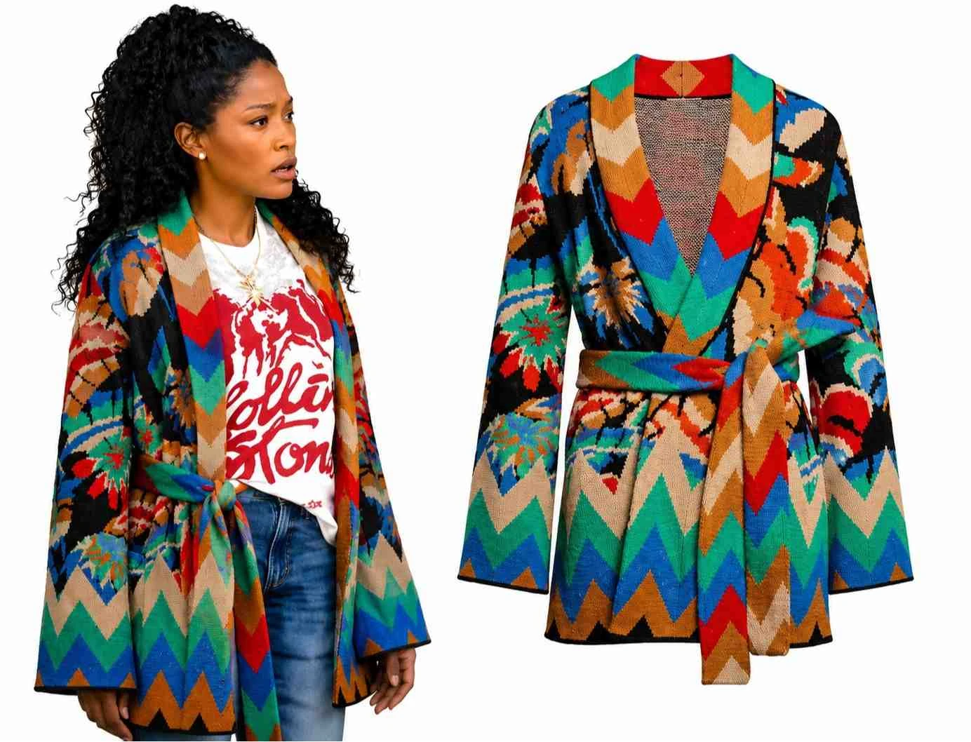 The 'Burbs 2026 Keke Palmer Multicolor Chevron Jacquard Belted Cardigan Front View
