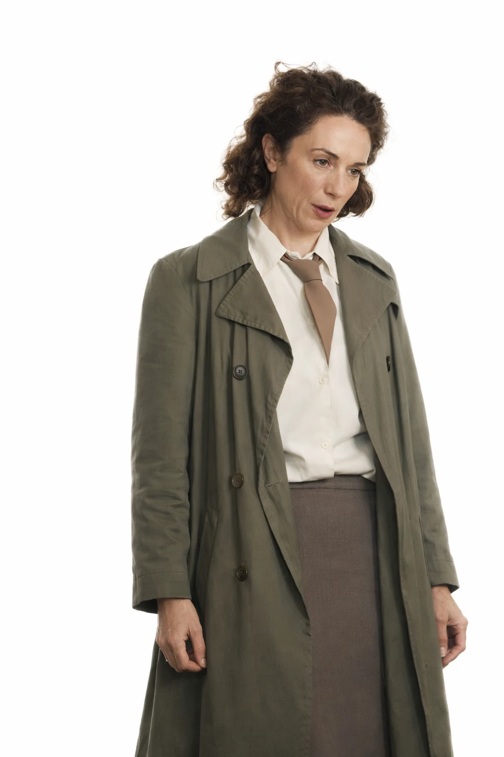 Kerry Condon Pressure 2026 Olive Green Trench Coat Full View
