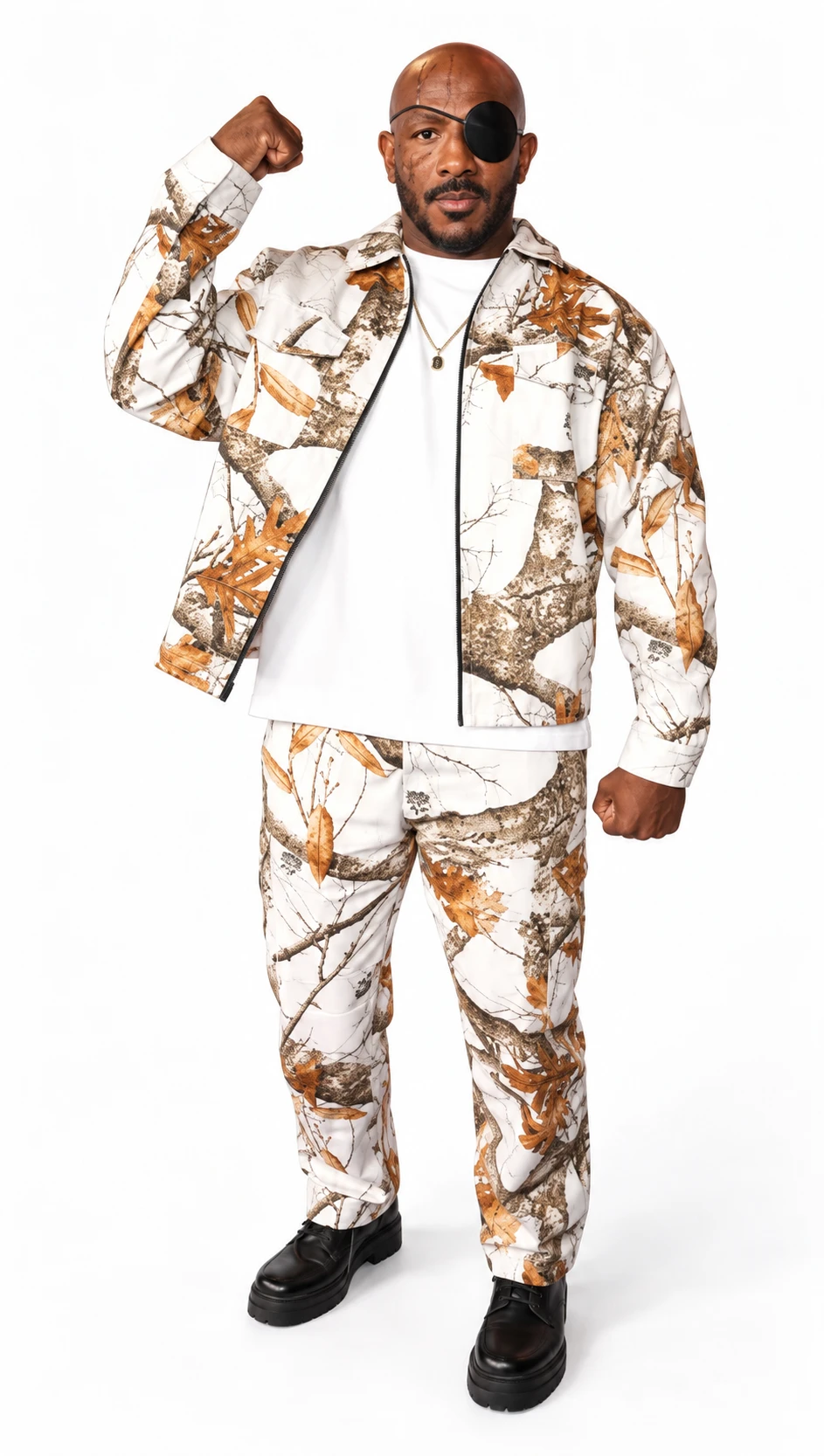 Khalil Rountree Jr. Street Fighter Premiere Printed Cotton Tracksuit Khalil Rountree Jr.-inspired off-white cotton tracksuit with brown abstract print, zip-front jacket, and matching trousers
