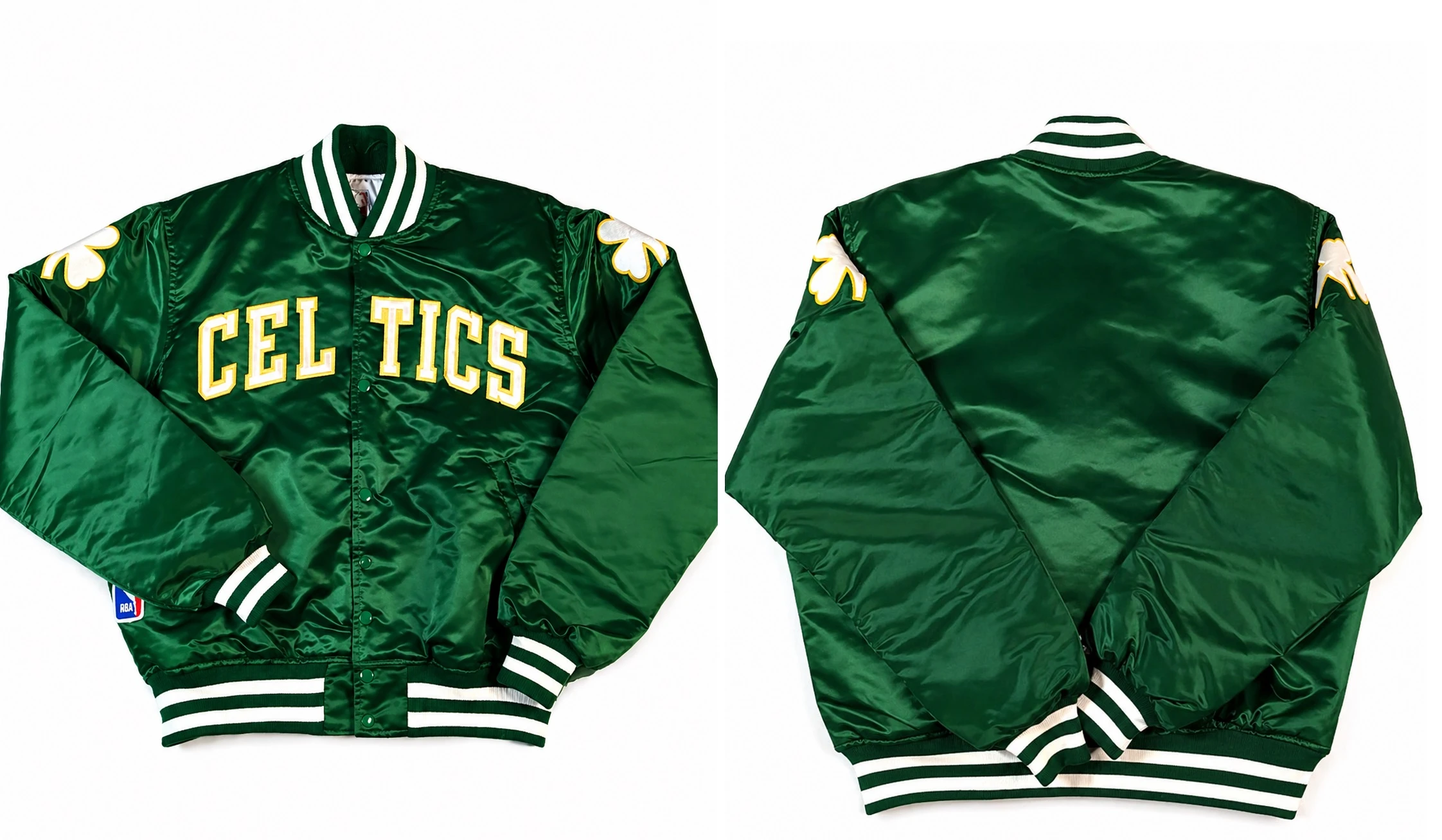 boston celtics green satin jacket back view kristaps porzingis