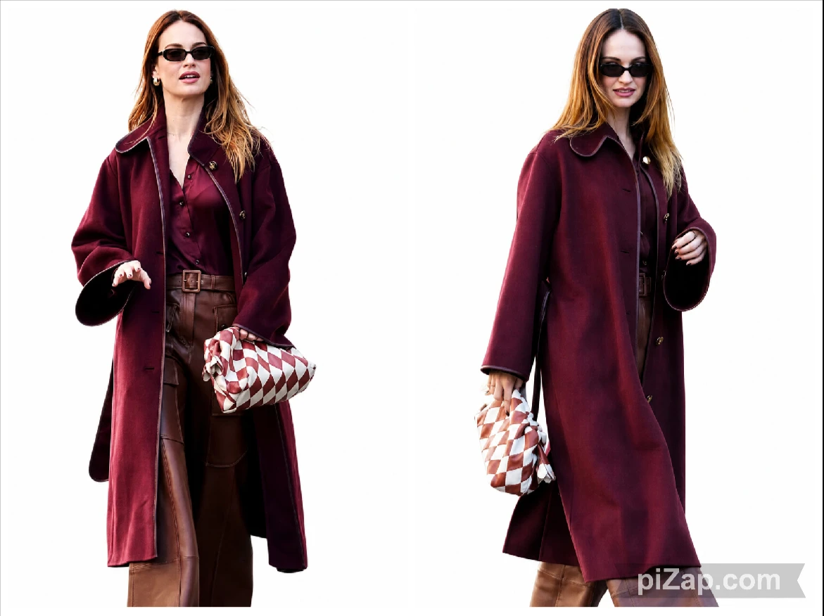 Lily James Burgundy Coat