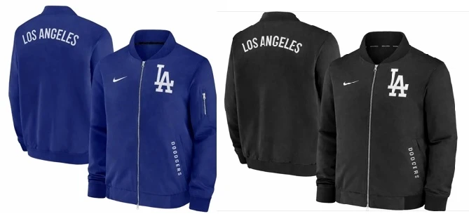 Los Angeles Baseball Team Bomber Jacket los angeles baseball jacket, la team bomber, blue baseball bomber, zip up bomber jacket, rib knit collar jacket, sports inspired bomber, everyday bomber jacket, mens streetwear jacket, athletic style bomber, lightweight bomber jacket
