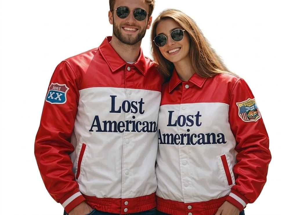 Lost Americana Red White Satin Jacket Front View Streetwear