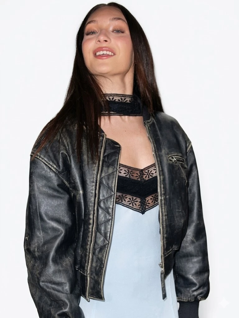 Maddie Ziegler wearing black leather jacket stylish celebrity outfit front look