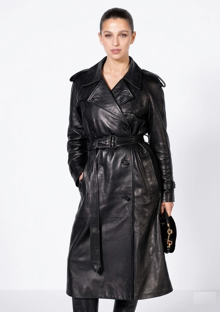 Marisa Abela wearing black leather coat at Fashion Week 2026 full length stylish look