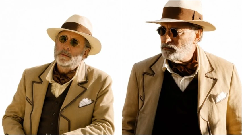 Andy Garcia wearing a beige blazer with brown piping in Maserati The Brothers 2026